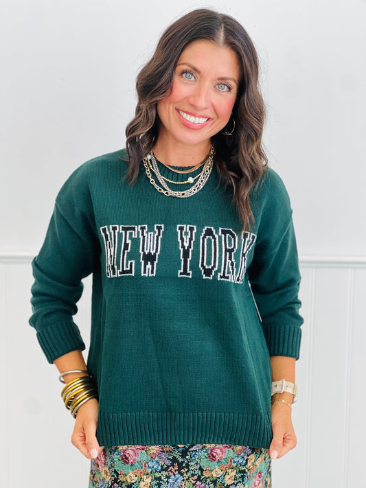 Dark Green New York Graphic Sweater Top (Reg.)