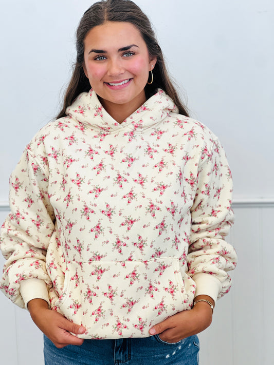 Cream Floral Heavy Fleece Hoodie Sweatshirt (Reg.)