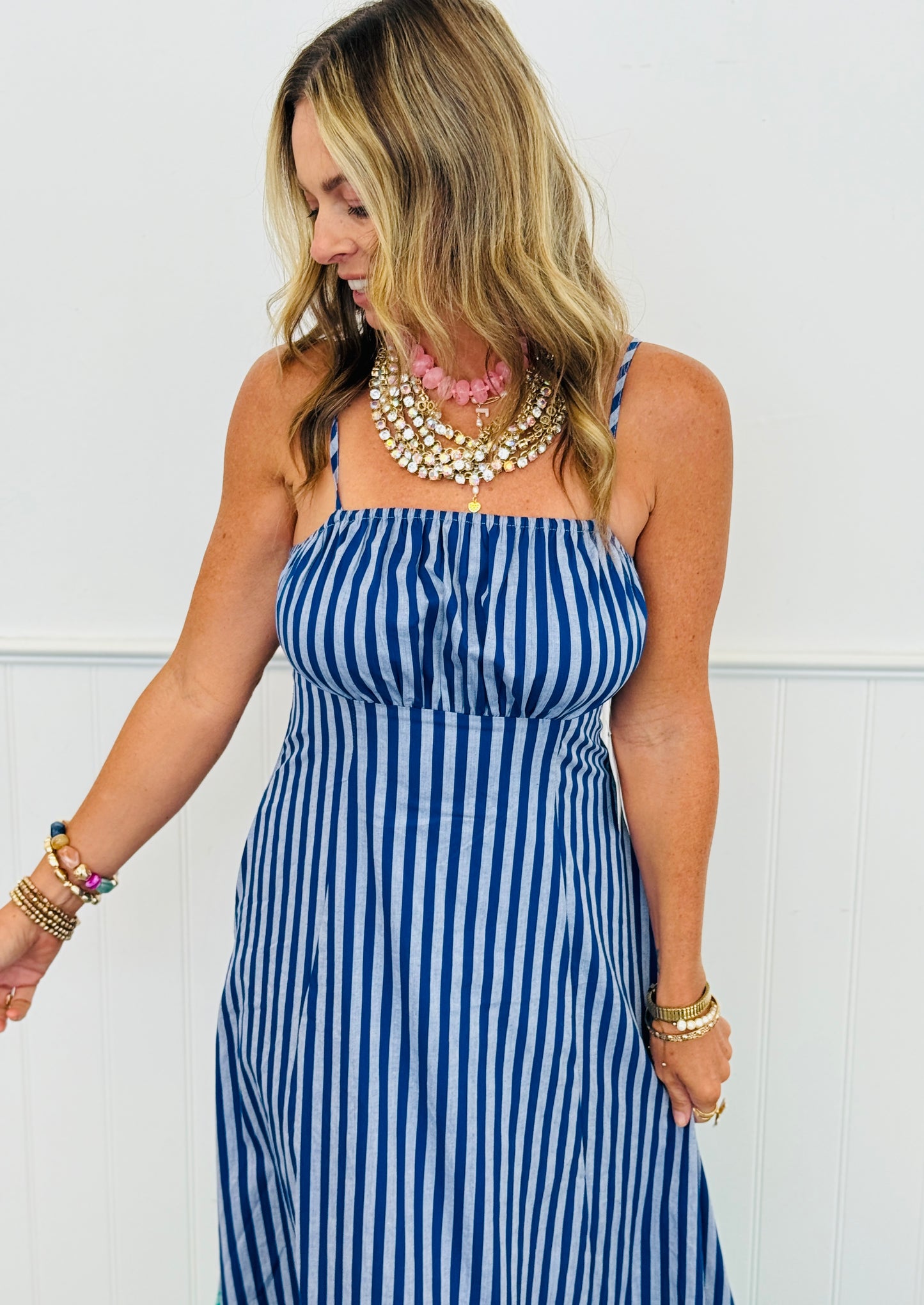 Navy Blue Striped Back Bow Tie Midi Dress (Reg.)