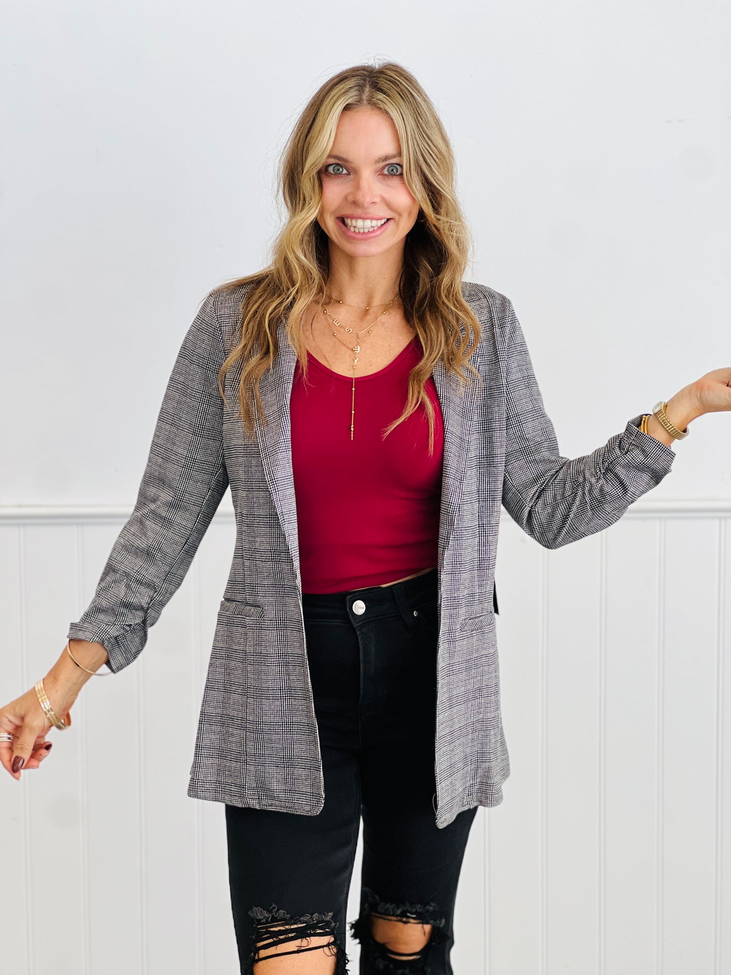 Gray Plaid Ruched Sleeve Blazer (Reg.)
