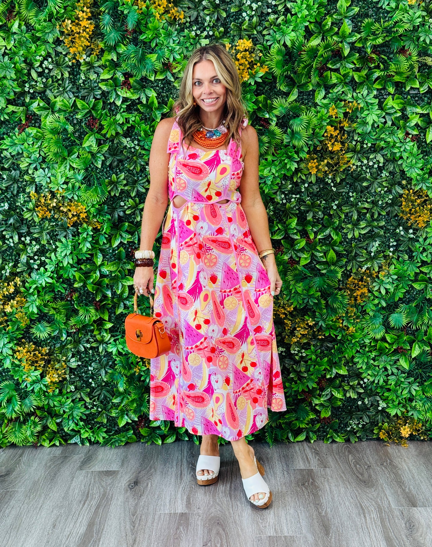 Pink Combo Tropical Print Midi Dress (Reg.)