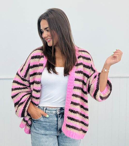 Pink Chunky Striped Open Front Sweater Cardigan (Reg.)