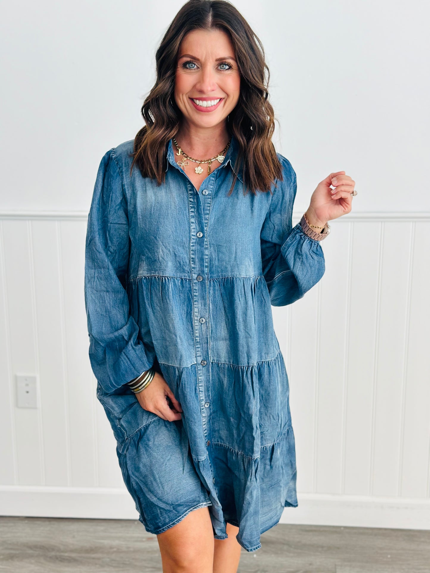 Denim Blue Chambray Tiered Mini Dress (Reg & Plus)