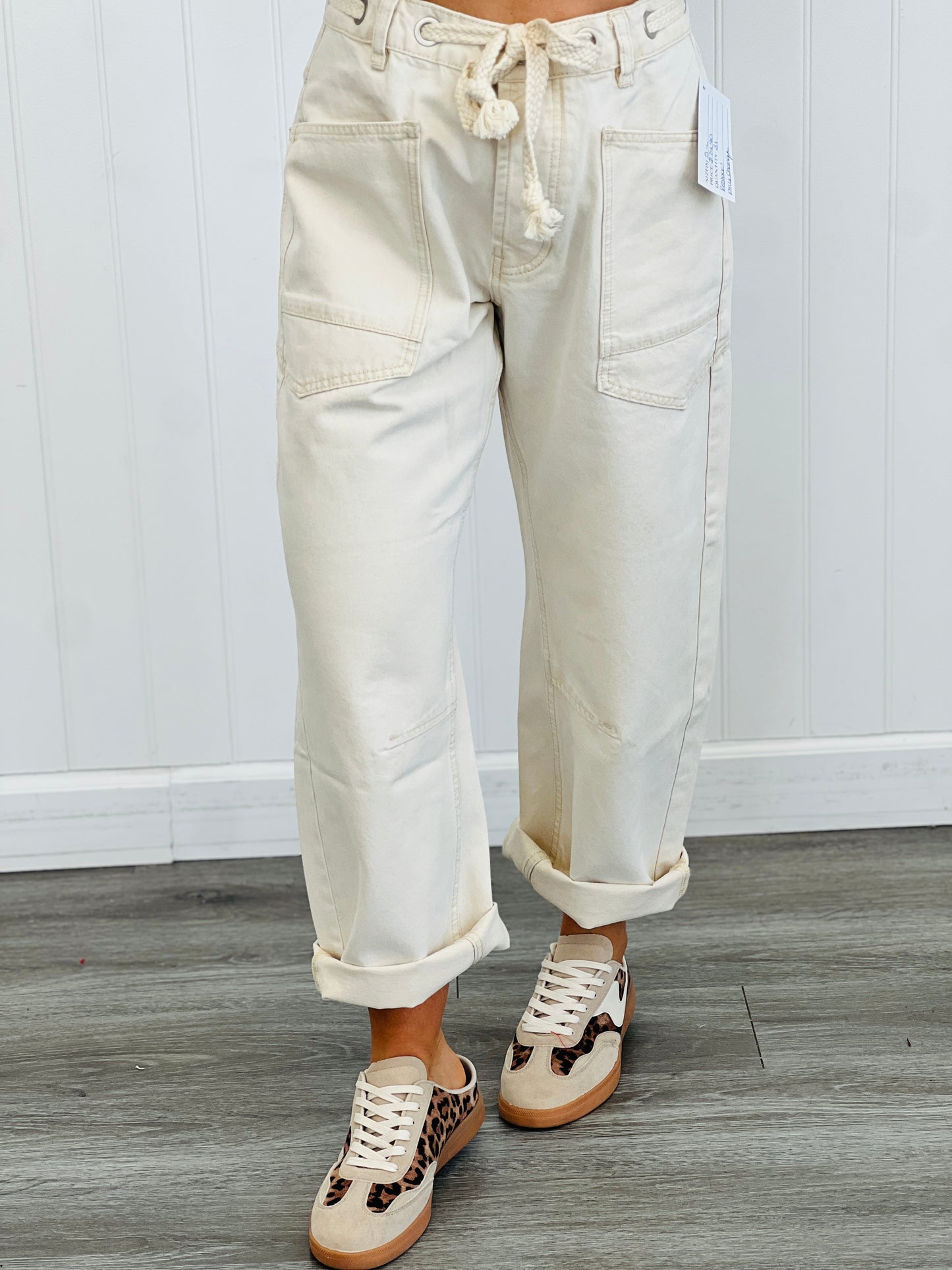 Cream Grommet Waist Denim Barrel Pants (Reg.)