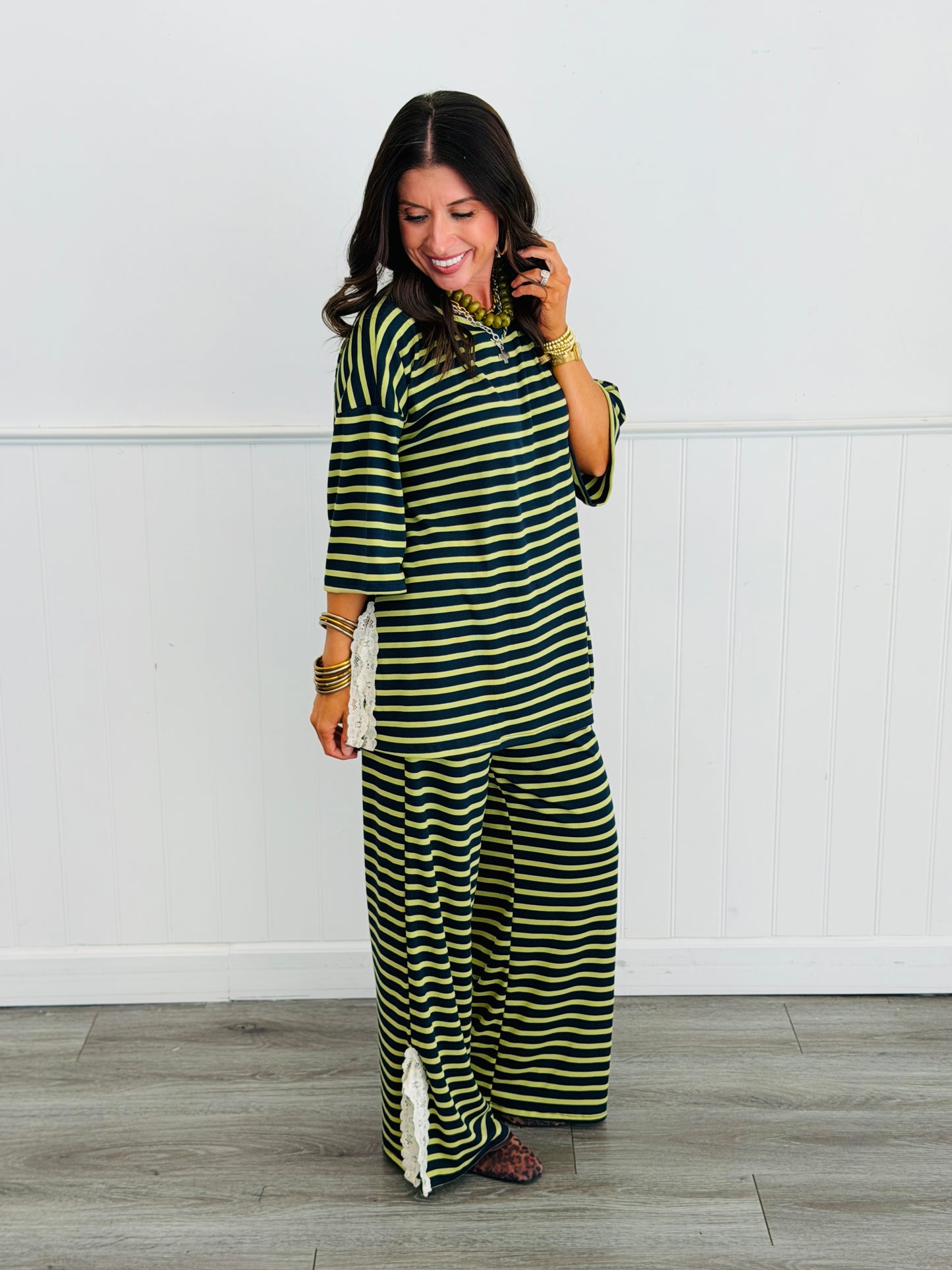Striped Lace Side Slit Top (Reg. and Plus) - 6 Colors