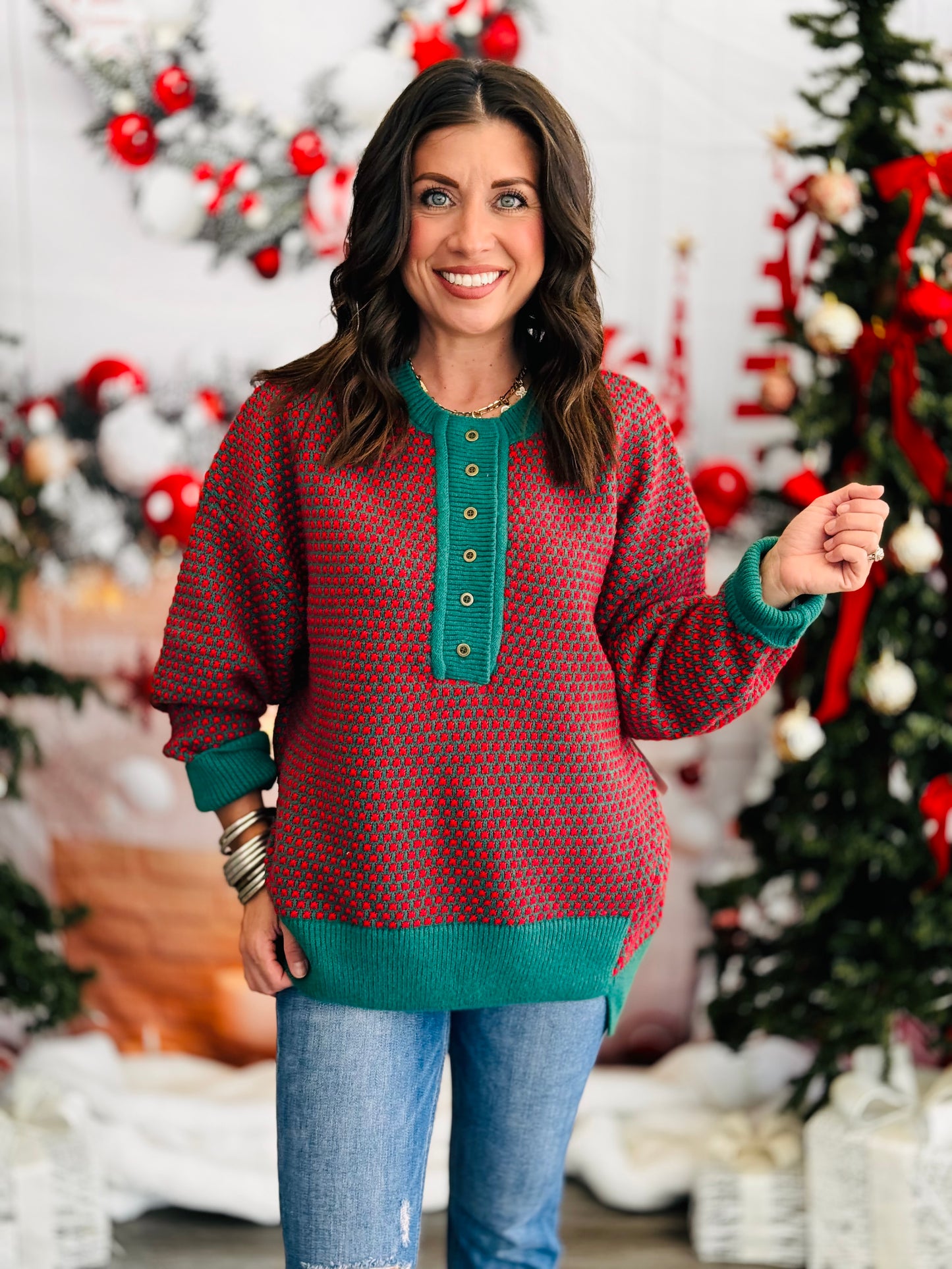 Green/Red Spotted Placket Sweater (Reg.)