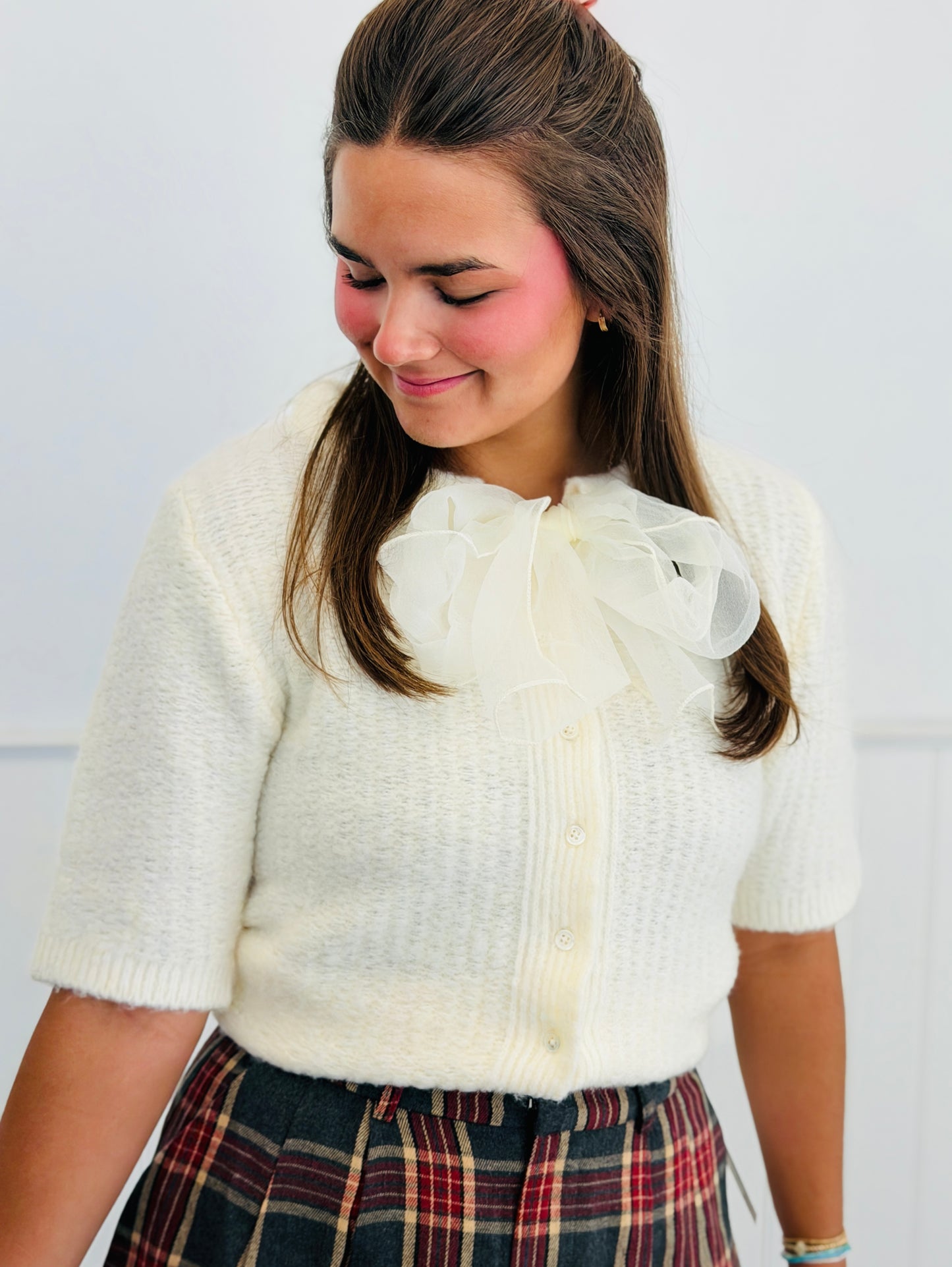 Cream Short Sleeve Bow Tie Cardigan (Reg.)