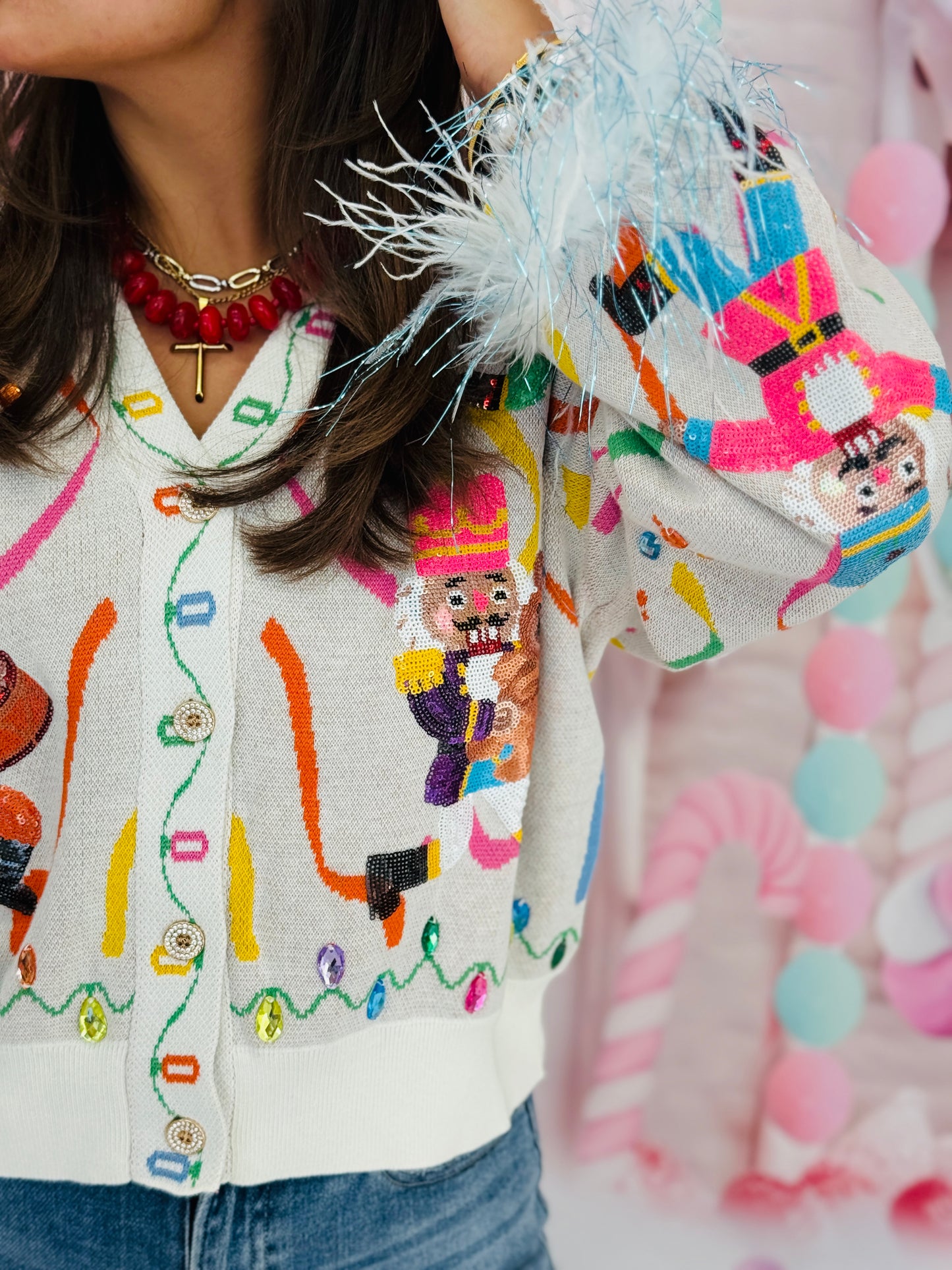 Queen Of Sparkles Multi Drummin Nutcracker Button Up Feather Sleeve Cardigan (Reg. & Plus)