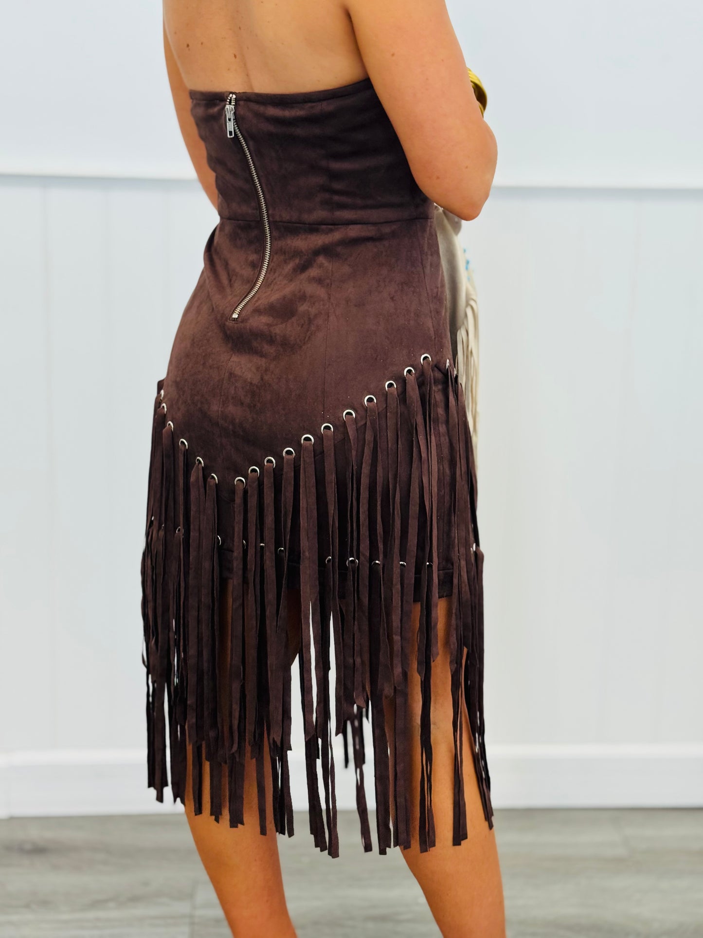 Dark Brown Studded Suede Fringe Mini Dress (Reg.)