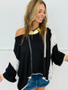 POL Black Ribbed Knit & Lace Hoodie Top (Reg.)