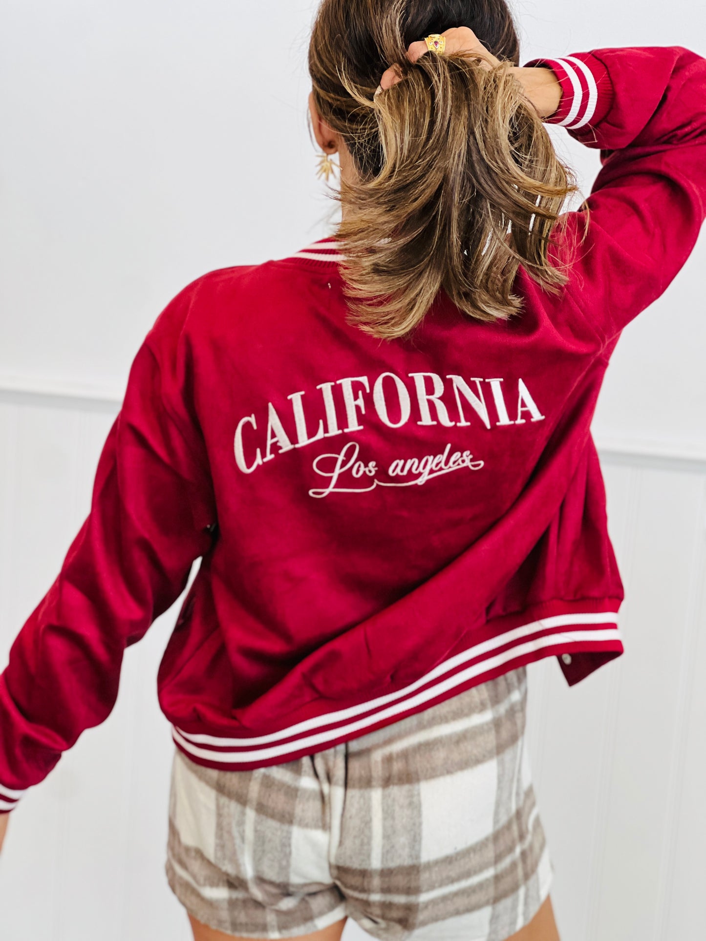 Embroidered Faux Suede Varsity Jacket  (Reg & Plus)-3 Colors