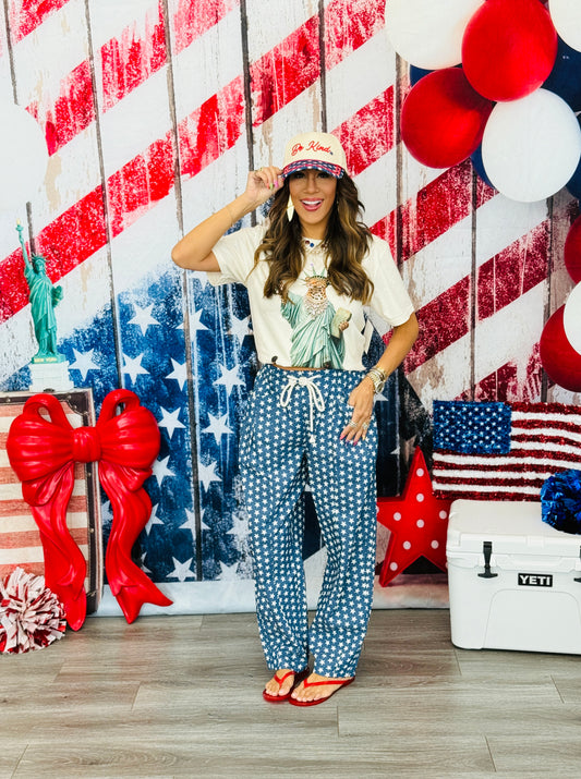Denim Blue Star Print Barrel Pants (Reg.)