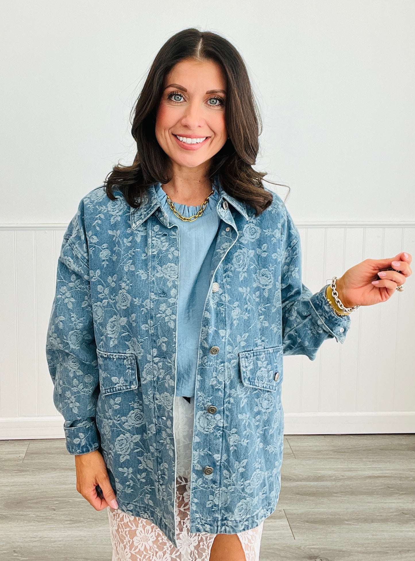 Floral Denim Medium Wash Shacket (Reg.)