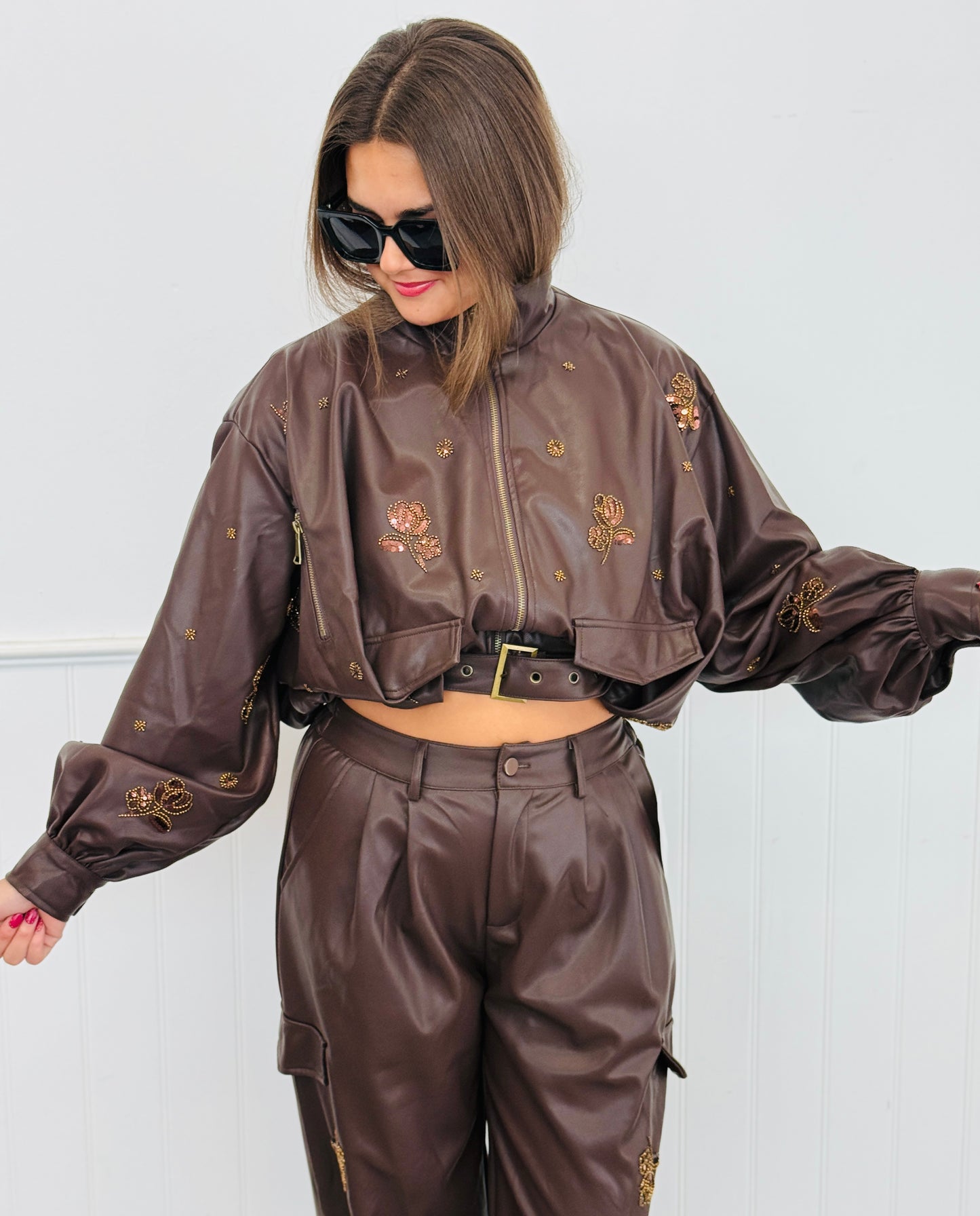 Coffee Floral Sequin Zip Up Jacket (Reg.)