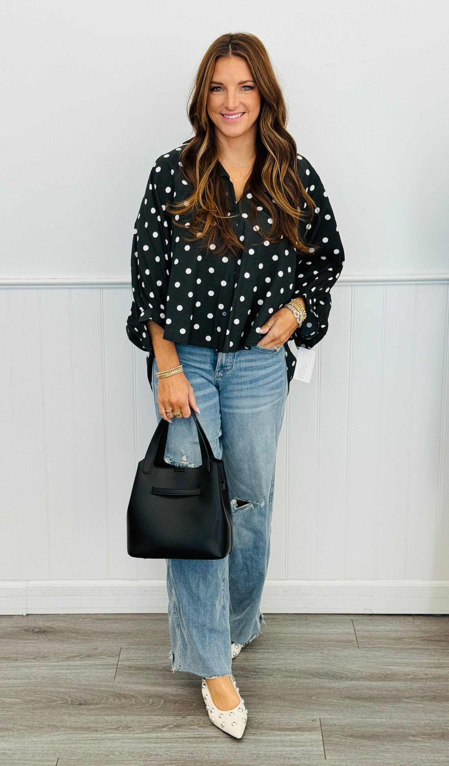 Black & White Polka Dot Button Front Blouse (Reg.)