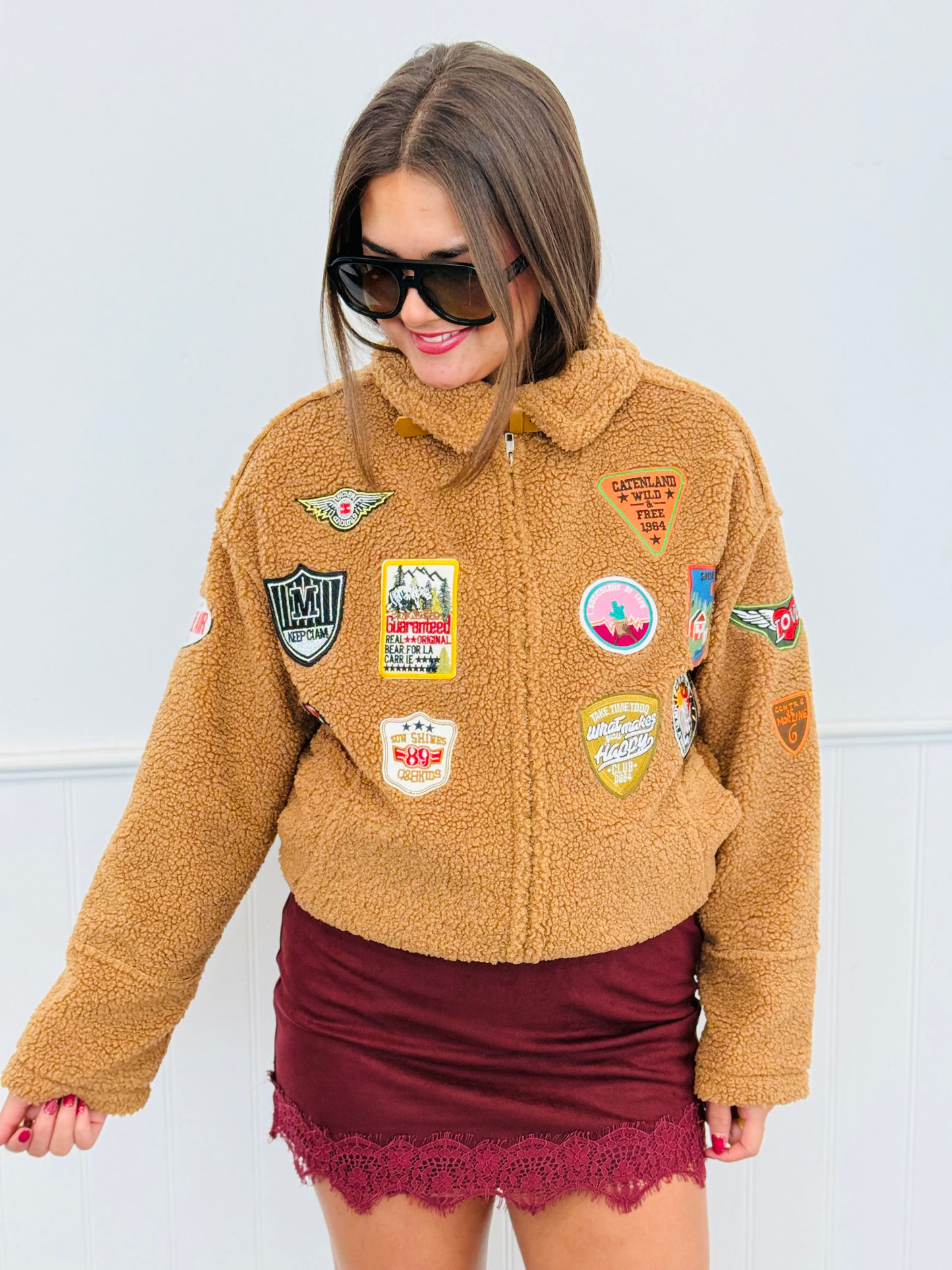 Taupe Camp Patch Sherpa Zip Up Jacket (Reg & Plus)