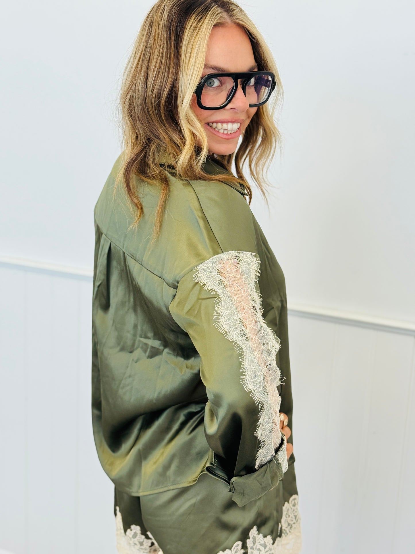 Olive Scallop Edge Lace Trim Shirt & Shorts Set (Reg.)