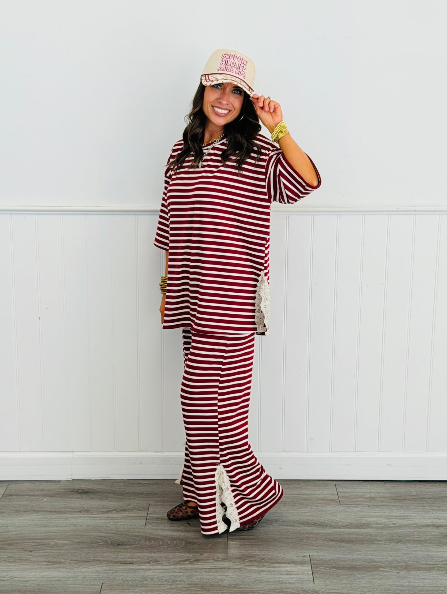 Striped Lace Side Slit Top (Reg. and Plus) - 6 Colors