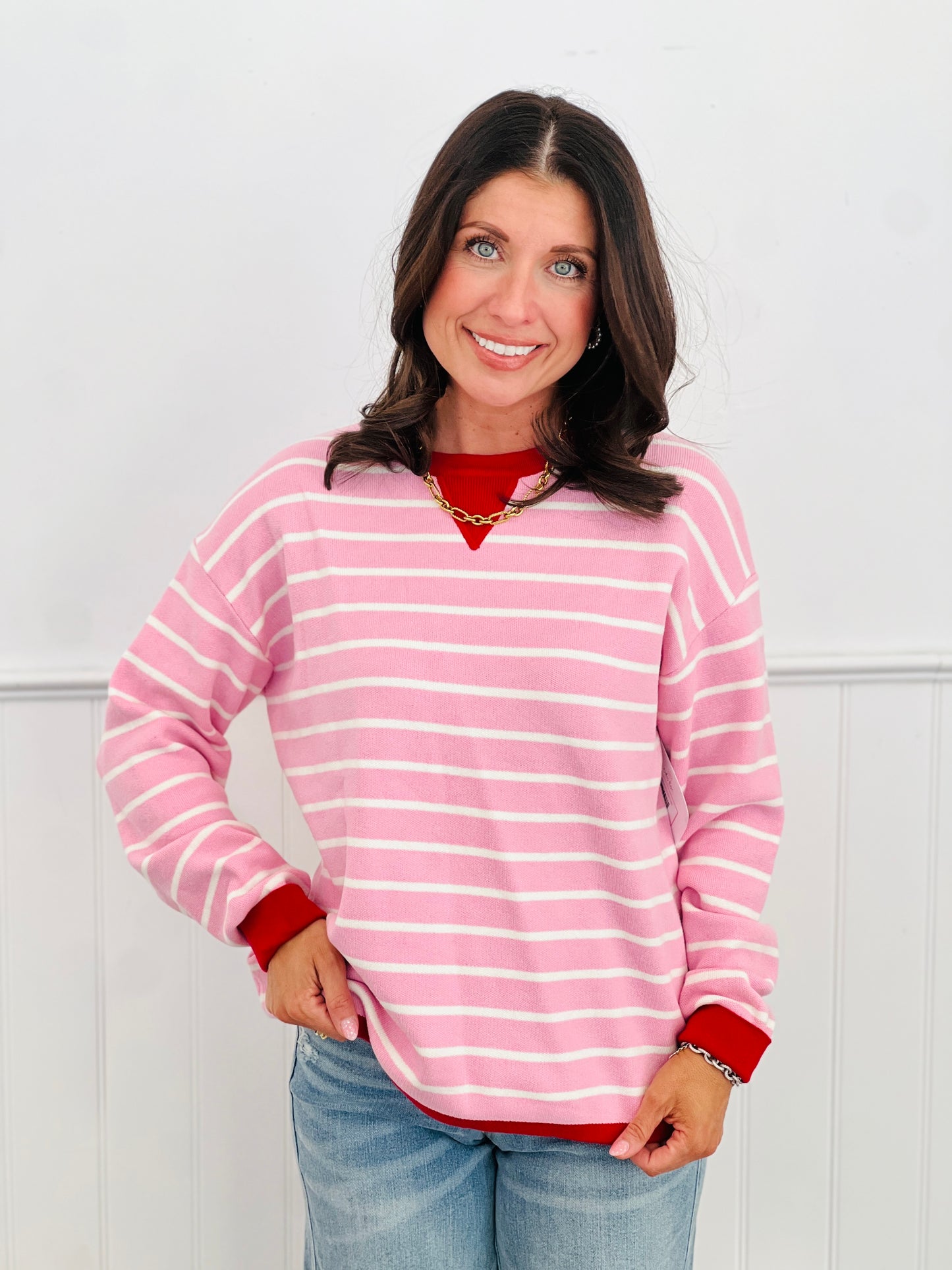 Contrast Trim Striped Sweater Top (Reg.)-4 Colors