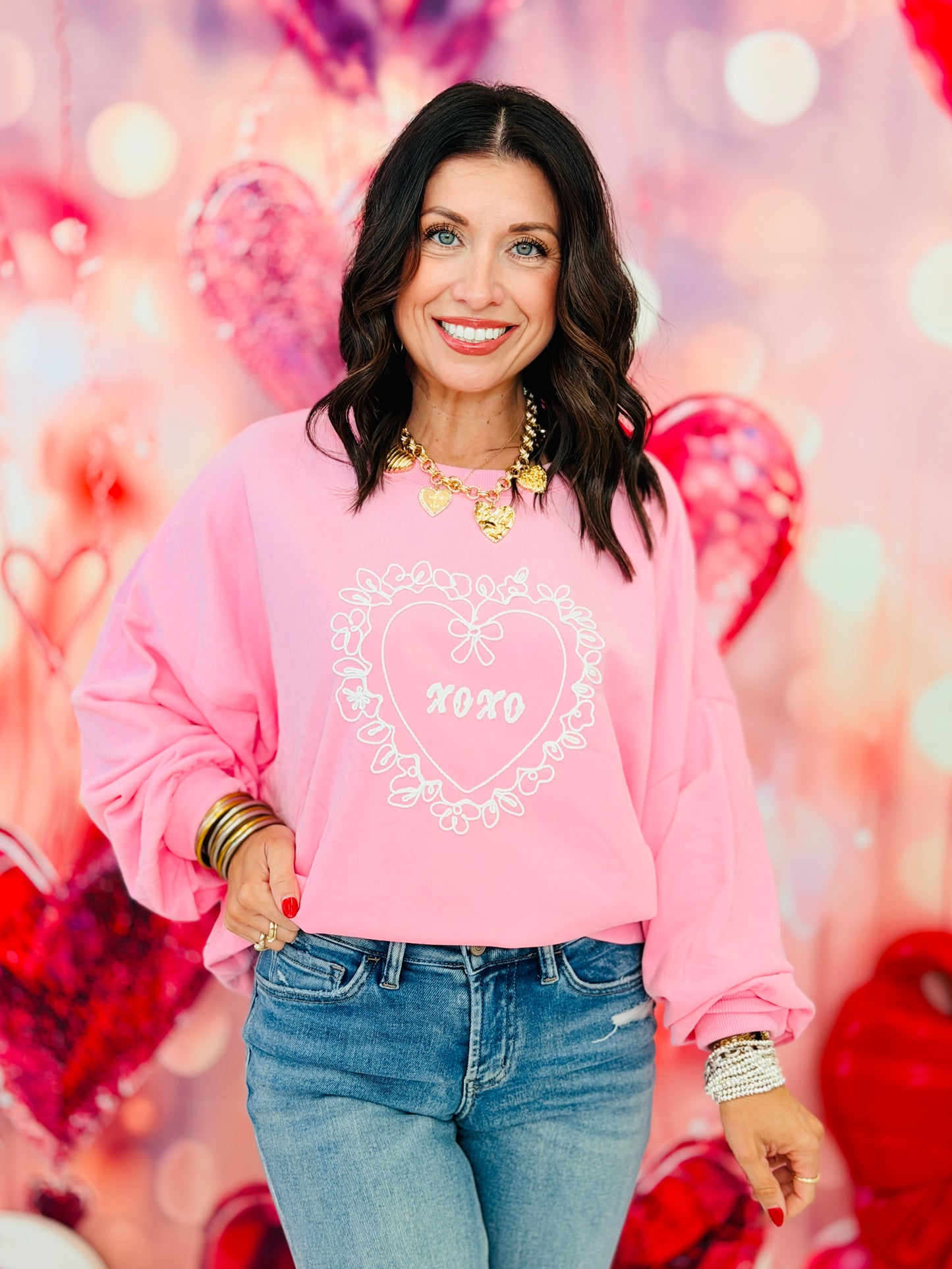 Embroidered XOXO Heart Sweater Top (Reg.)-2 Colors