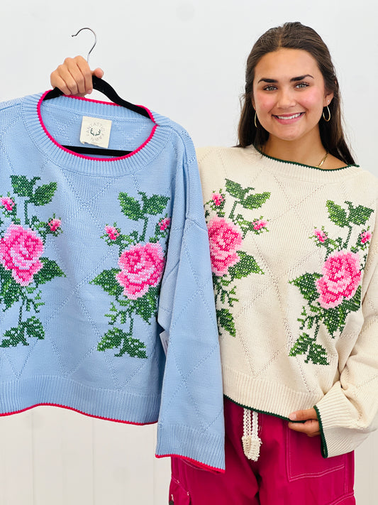 Rose X-Embroidery Jacquard Knit Sweater (Reg.) - 2 Colors