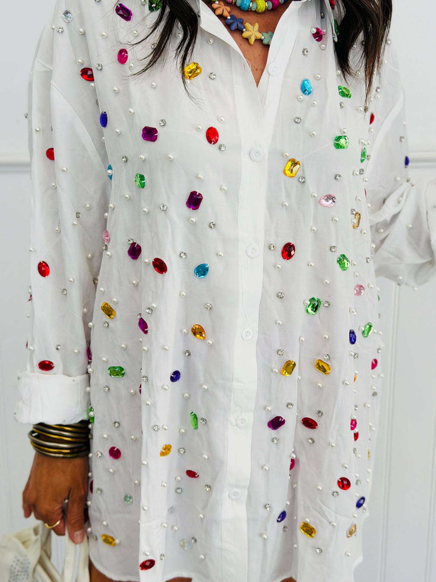 White Multi Embellished Button Up Blouse (One Size)
