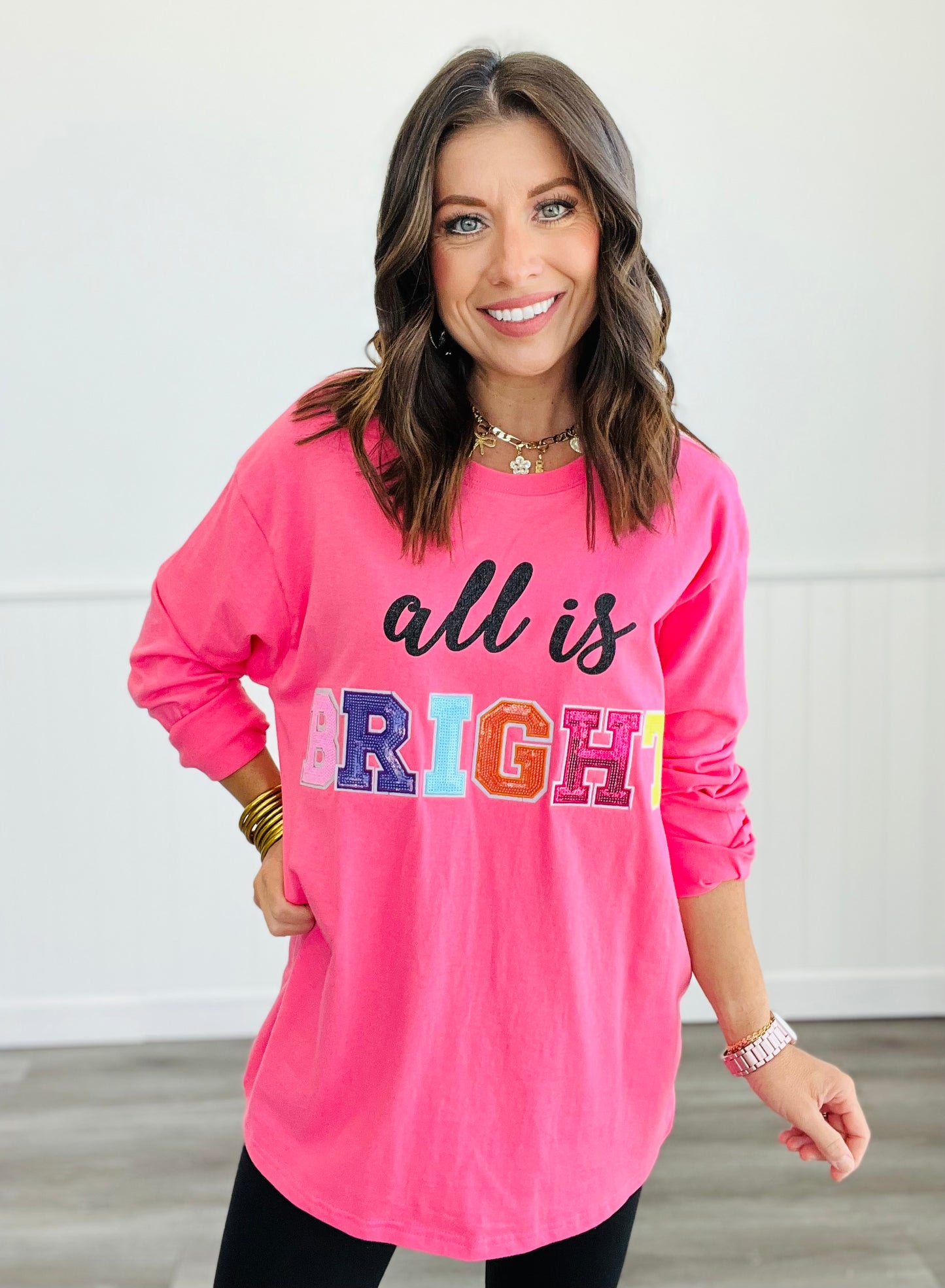 Pink All Is Bright Sequin Long Sleeve Graphic Tee (Reg. and Plus)