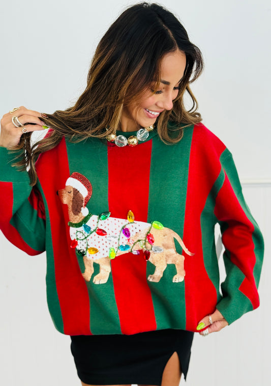 Queen Of Sparkles Green & Red Striped Weenie Dog Sweater (Reg. and Plus)