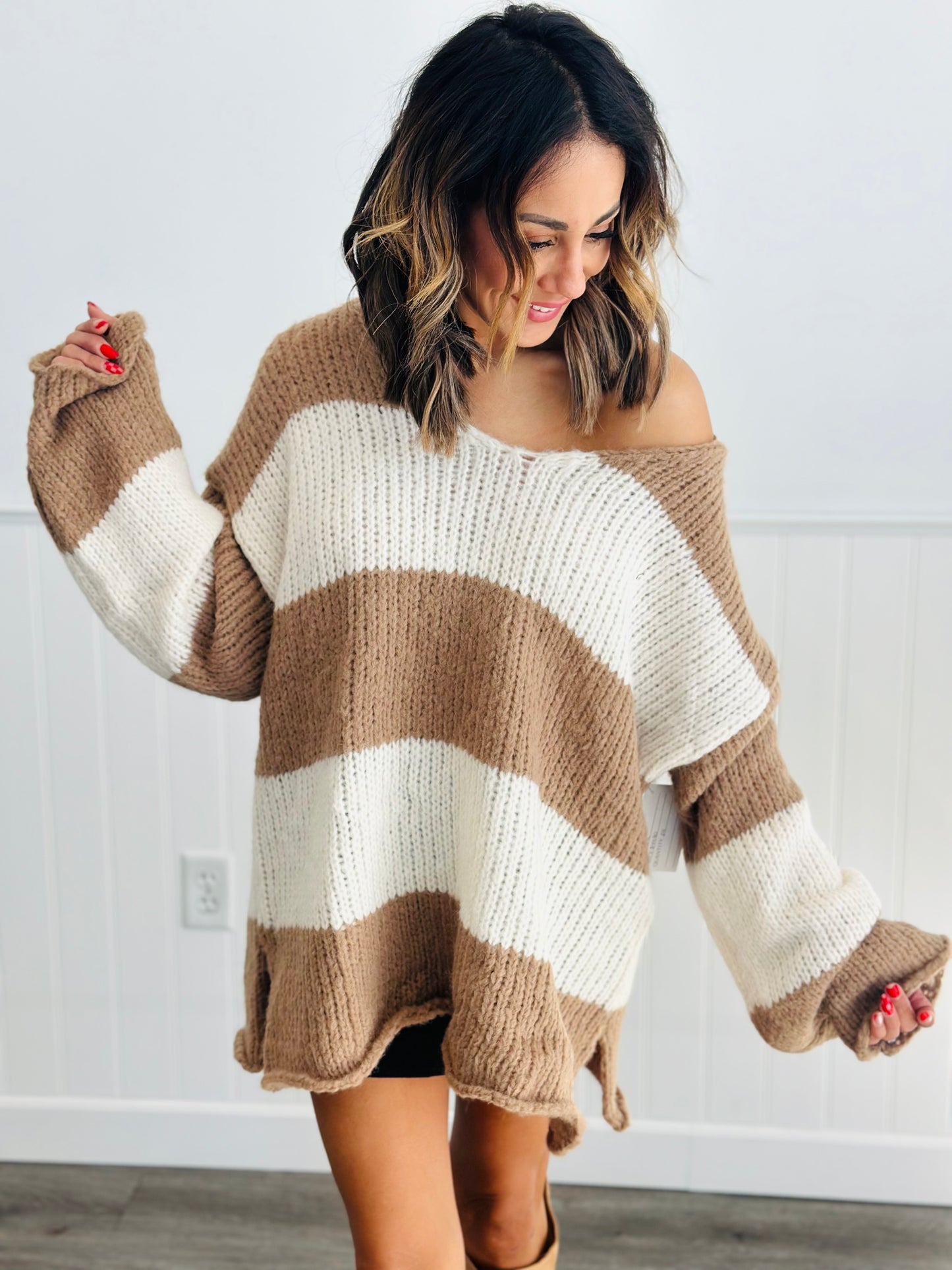 Ivory Mocha Striped Sweater Top (Reg)