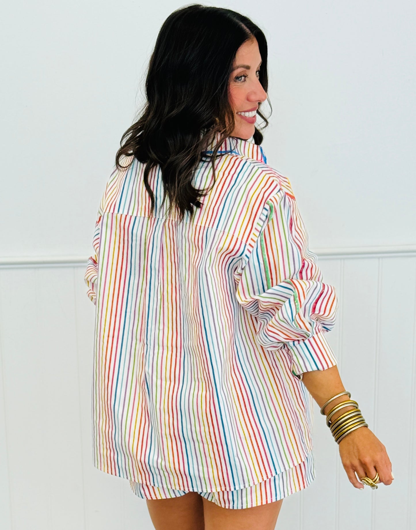 Queen Of Sparkles Rainbow Striped Button Up Pocket Top (Reg. & Plus)
