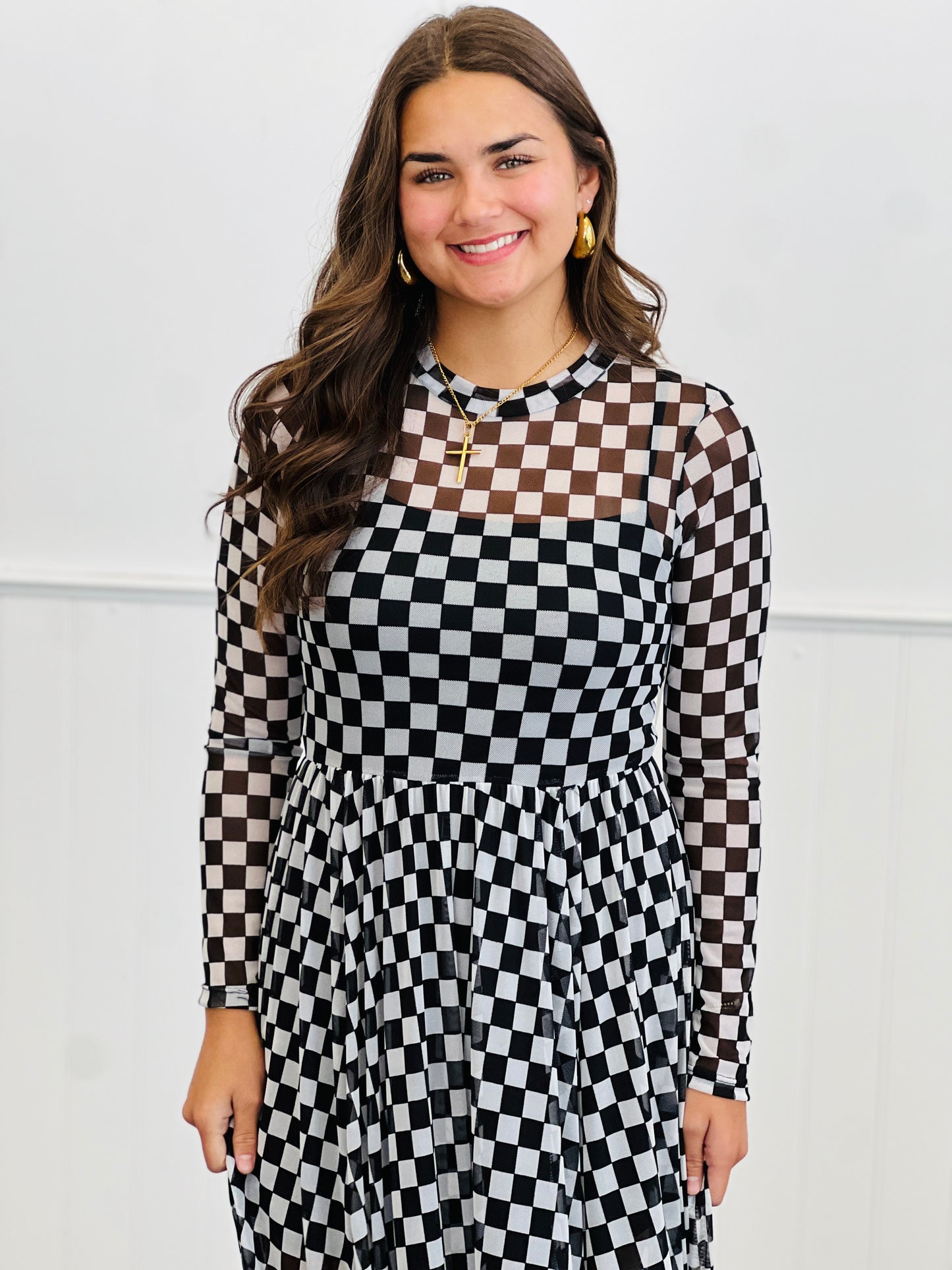 Black Checkered Mesh Maxi Dress (Reg & Plus)