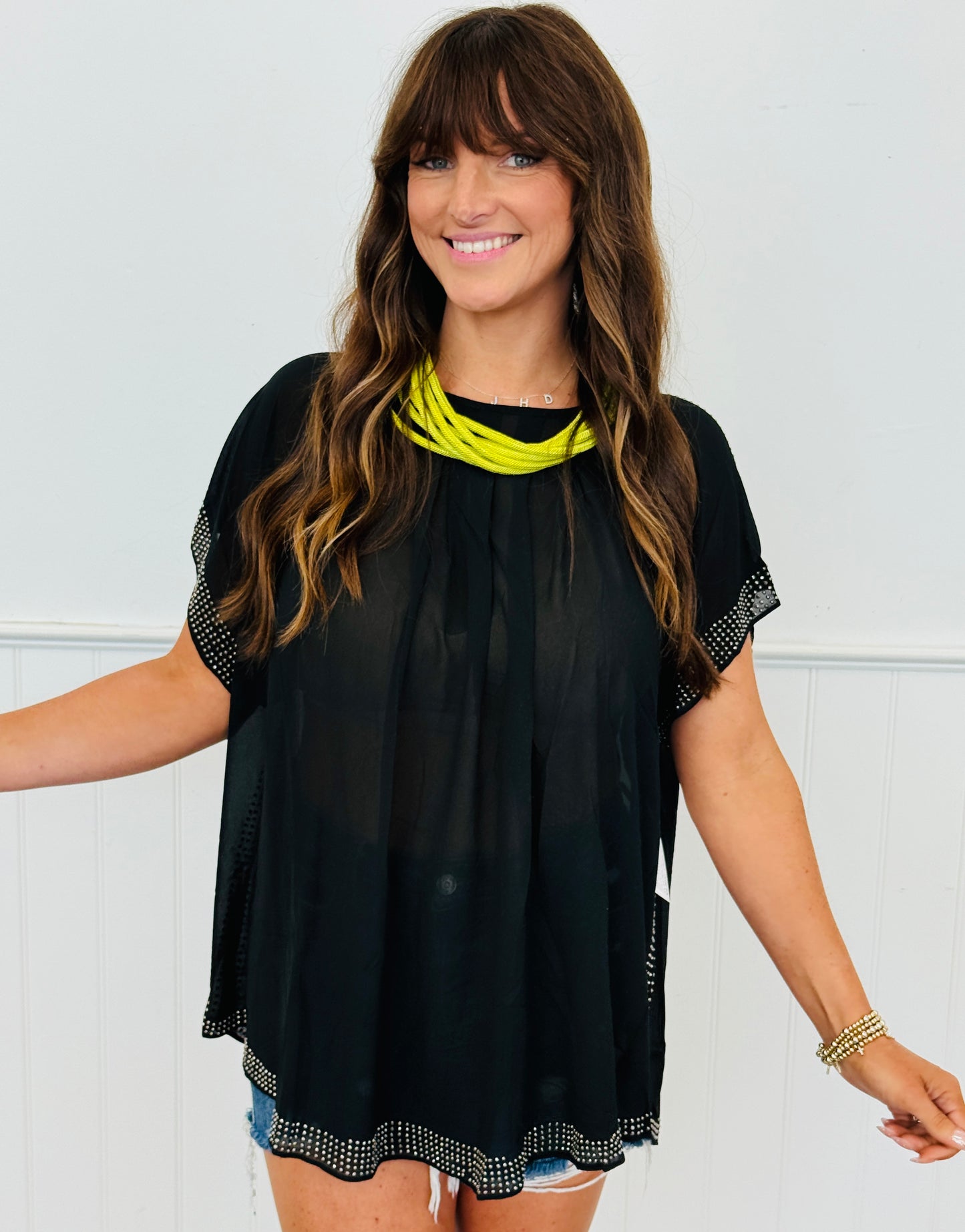 Semi Sheer Rhinestone Top (Reg. and Plus)-4 Colors