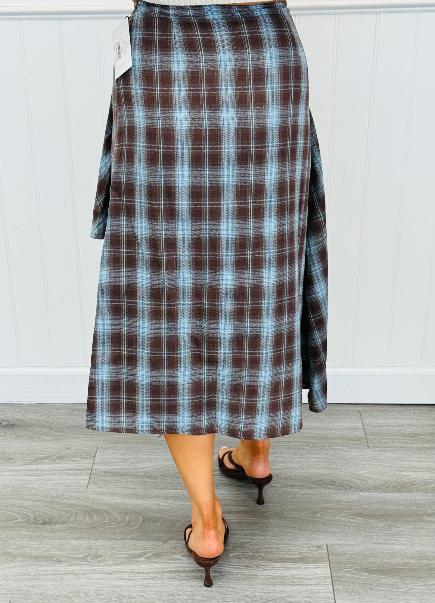 Brown/Blue Combo Plaid Wrap Midi Skirt (Reg & Plus)