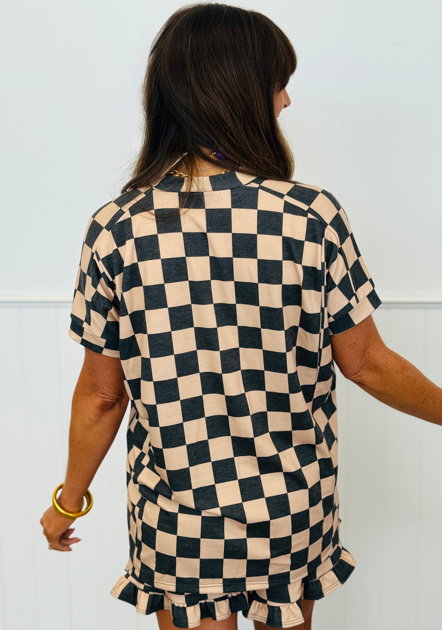Checkered Print Top & Ruffle Shorts Set (Reg. & Plus) - 4 Colors