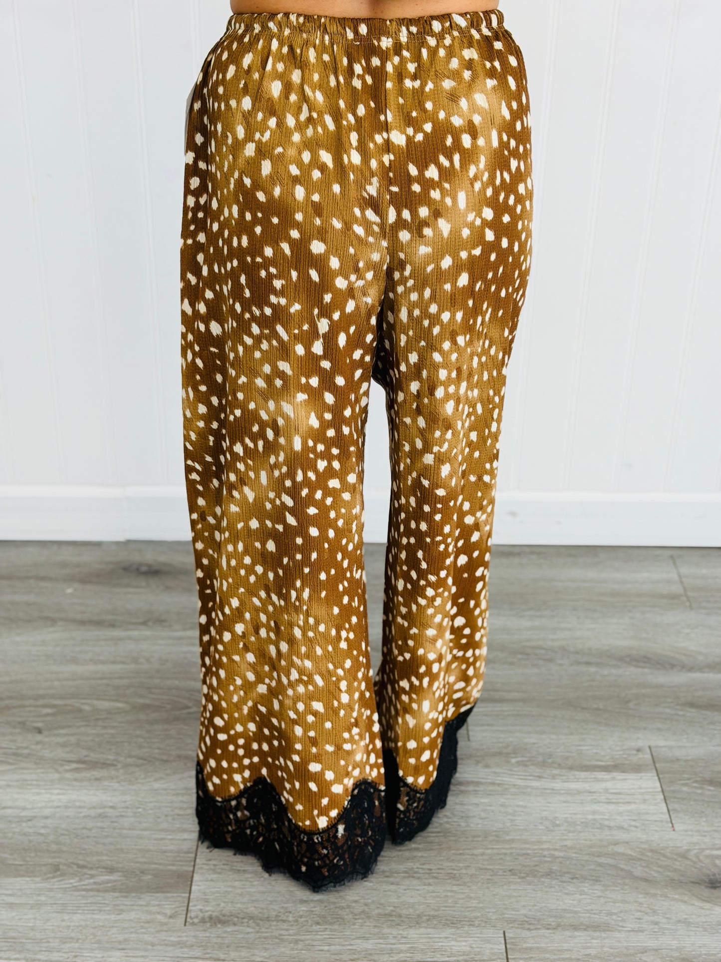 Taupe Deer Print Lace Hem Drawstring Pants (Reg.)