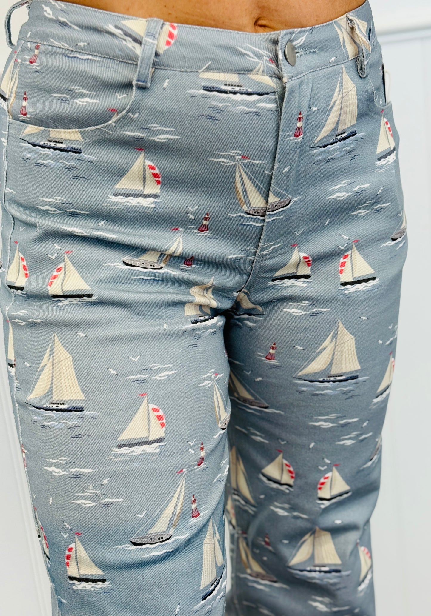 Dusty Blue Sailboat Print Pants (Reg.)