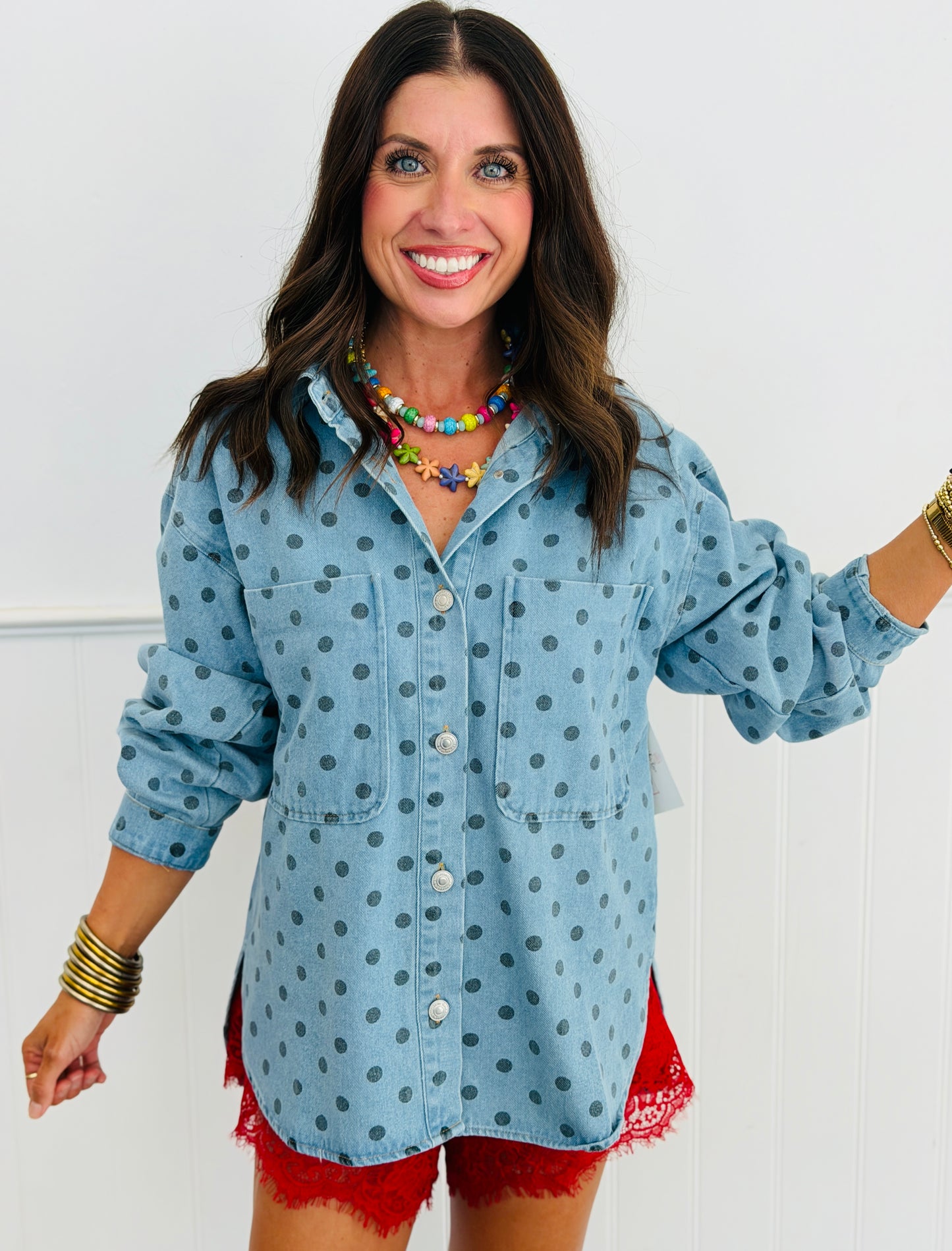 Lt. Denim Polka Dot Shacket (Reg. and Plus)