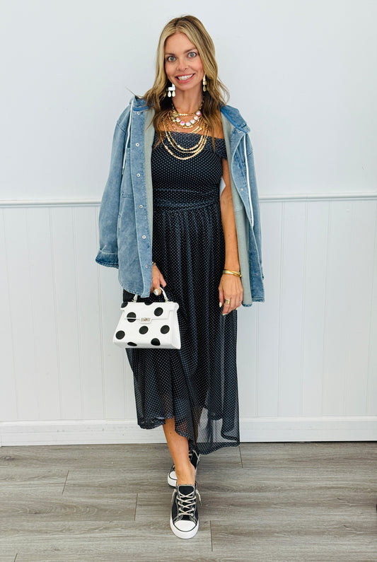 Black/Ivory Polka Dot Strapless Maxi Dress (Reg & Plus)