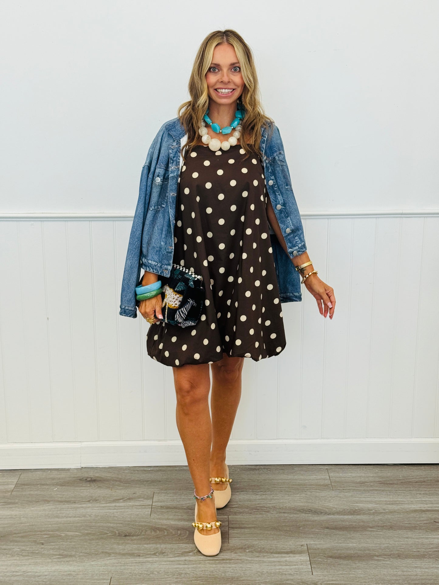 Brown Polka Dot Bubble Hem Mini Dress (Reg.)