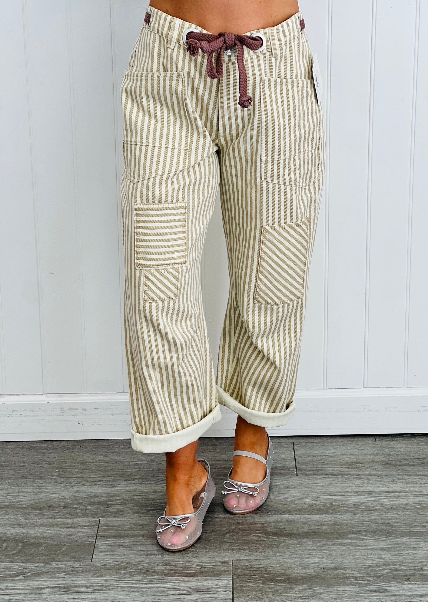 Oatmeal Striped Twill Barrel Pants (Reg & Plus)