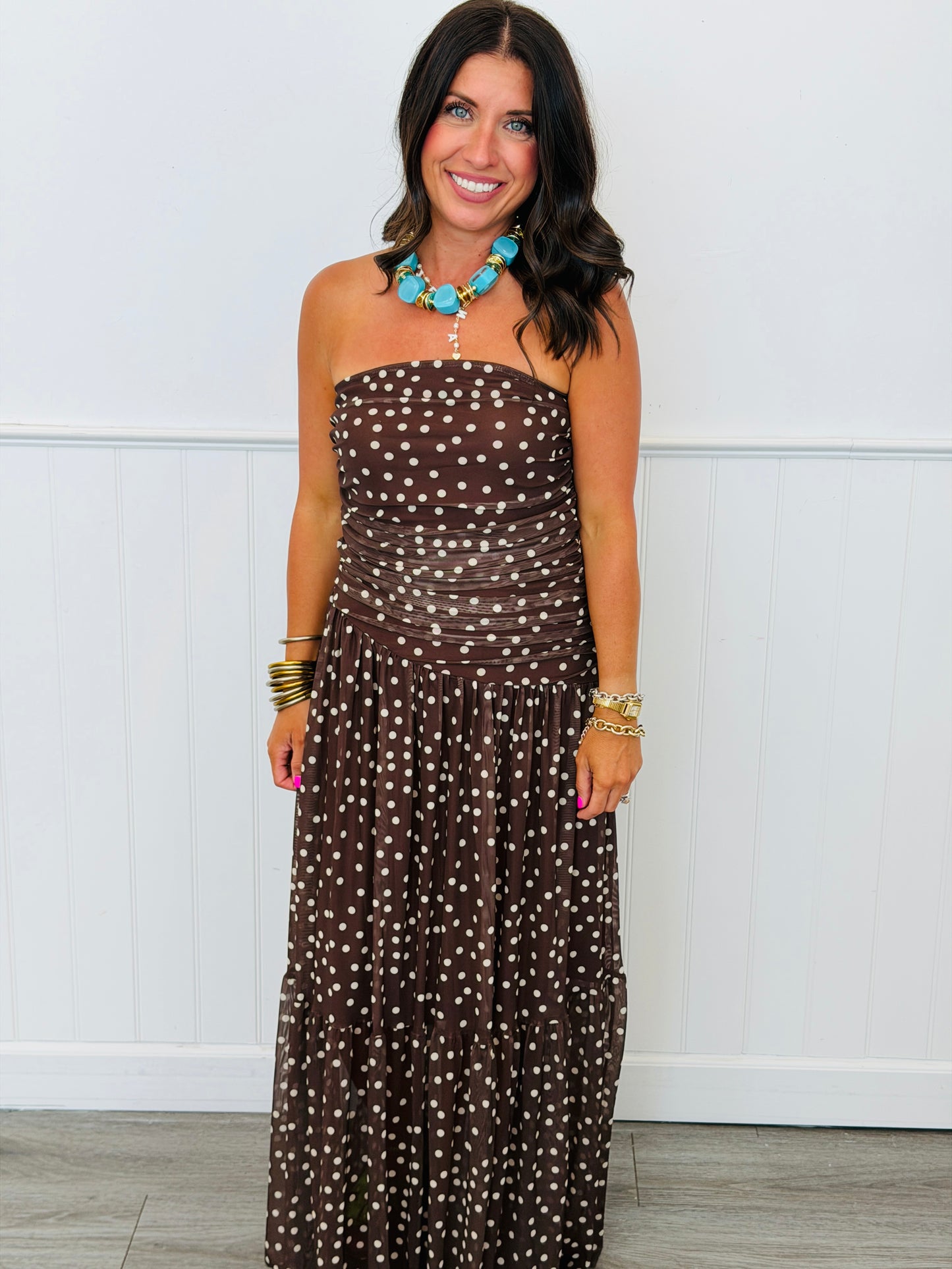 Brown Polka Dot Mesh Maxi Dress (Reg & Plus)