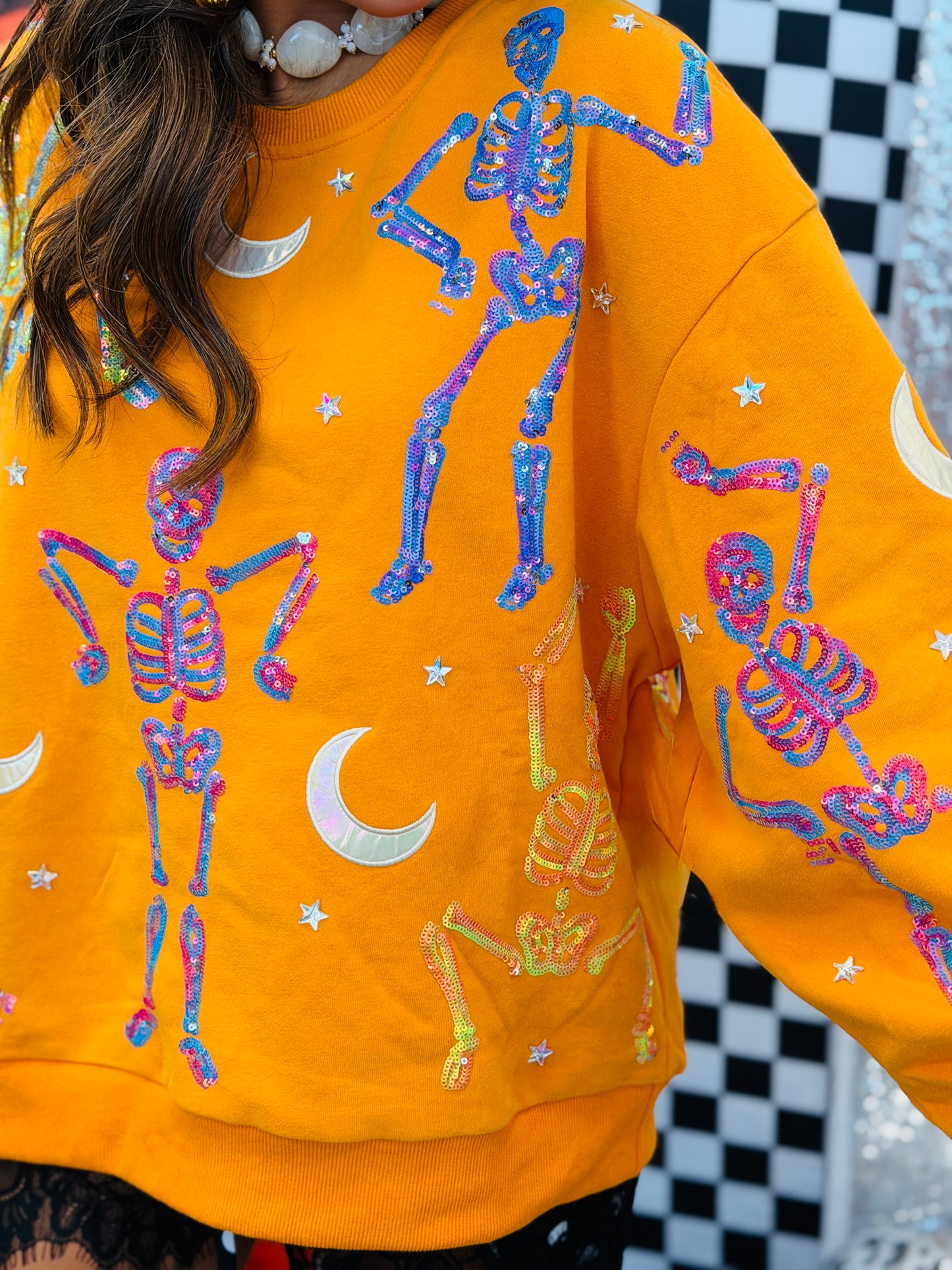 Queen Of Sparkles Orange Dancing Skeleton Sweatshirt (Reg. and Plus)