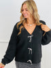 Black V-Neck Bow Tie Closure Sweater Cardigan (Reg. and Plus)