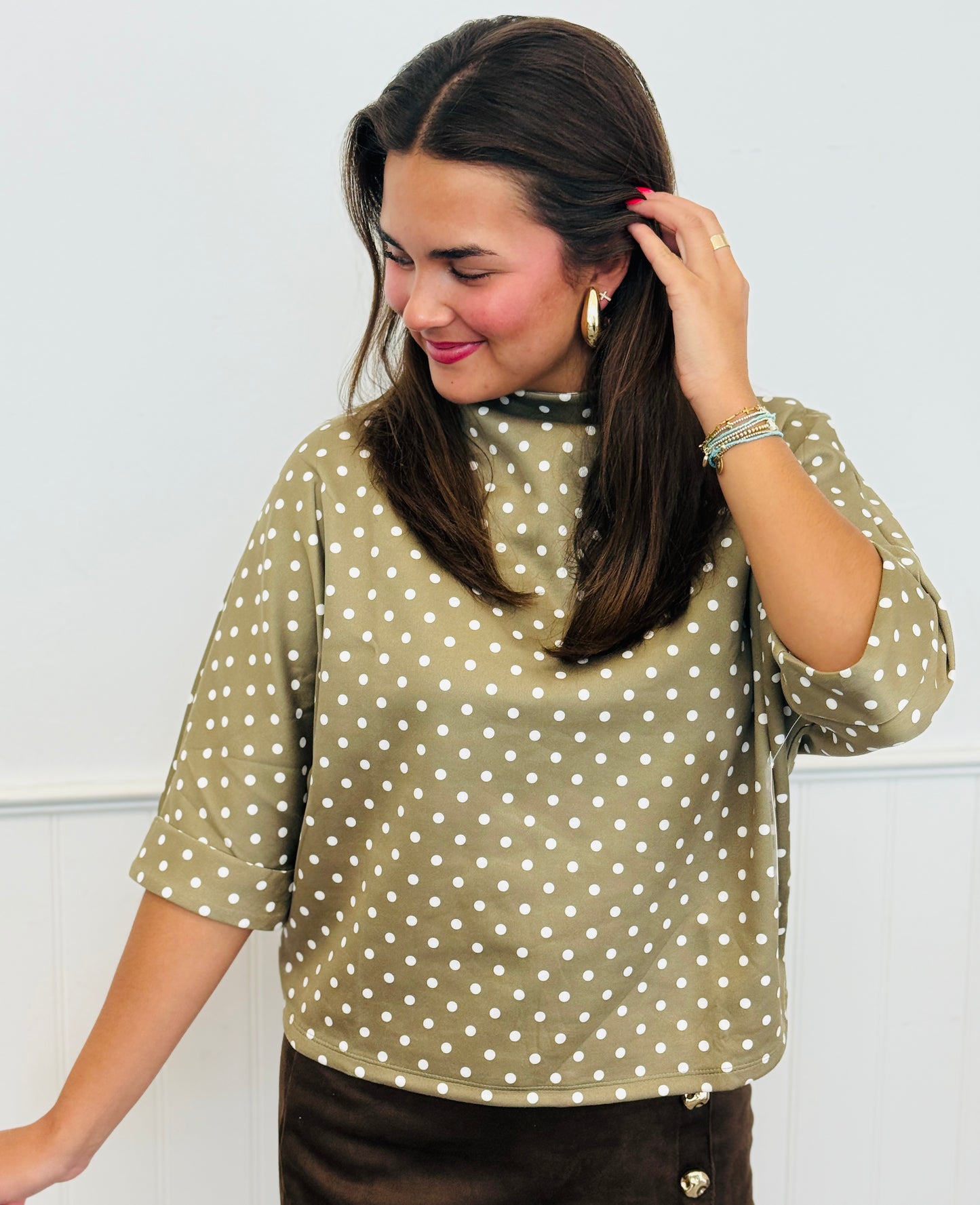 Olive Polka Dot Mock Neck Top (Reg.)