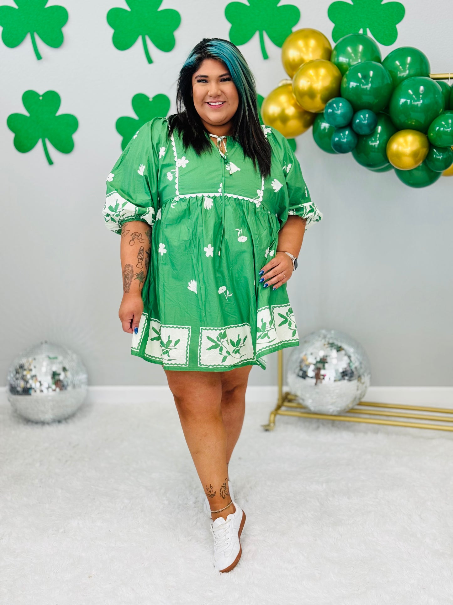 Green Stencil Border Mini Dress (Reg. & Plus)