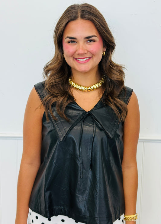 Black Faux Leather Lace Trim Collar Blouse (Reg.)