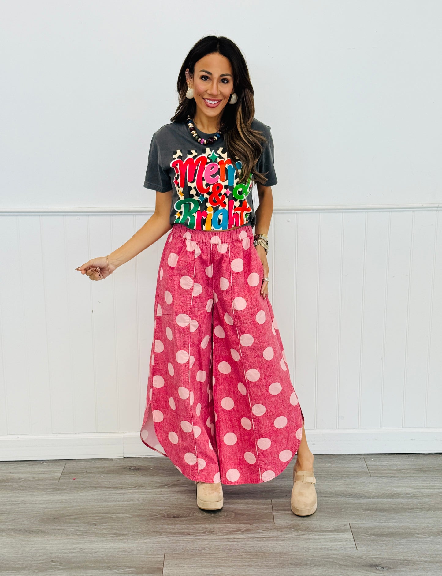 Fuchsia/Pink Polka Dot Tulip Hem Pants (Reg.)