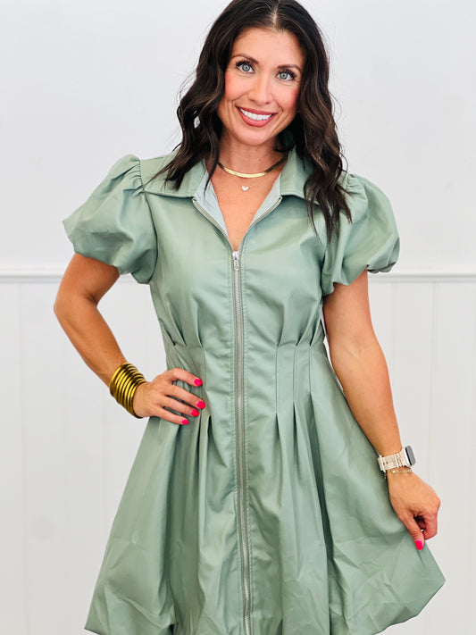 Sage Faux Leather Puff It Up Mini Dress (Reg)