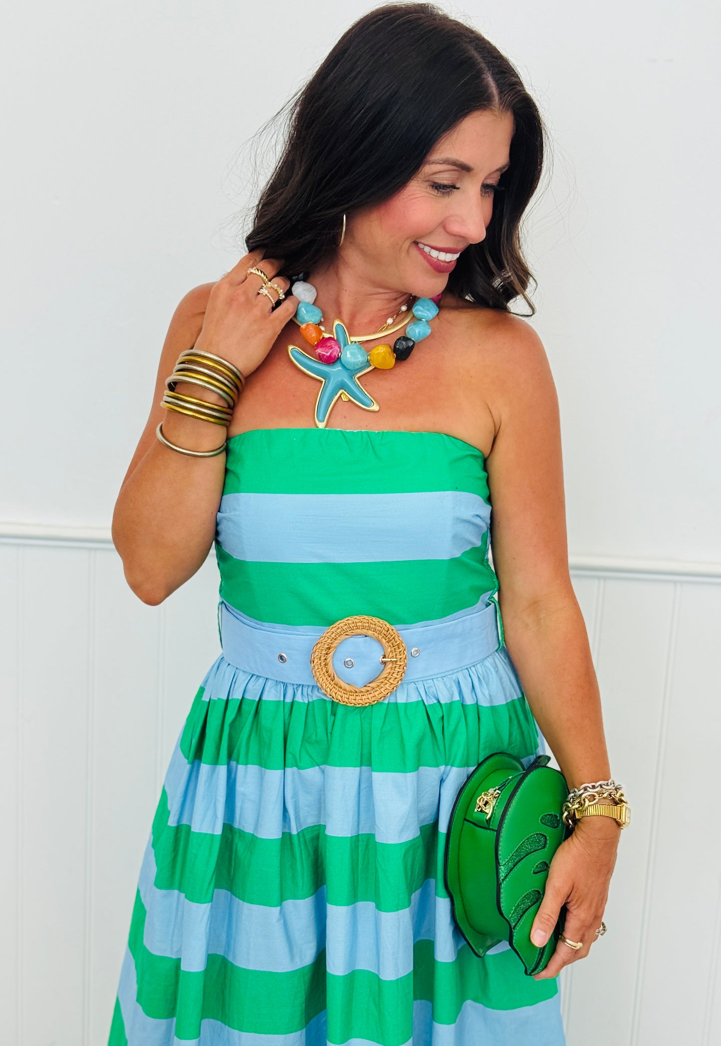 Green Stripe Belted Strapless Midi Dress (Reg.)