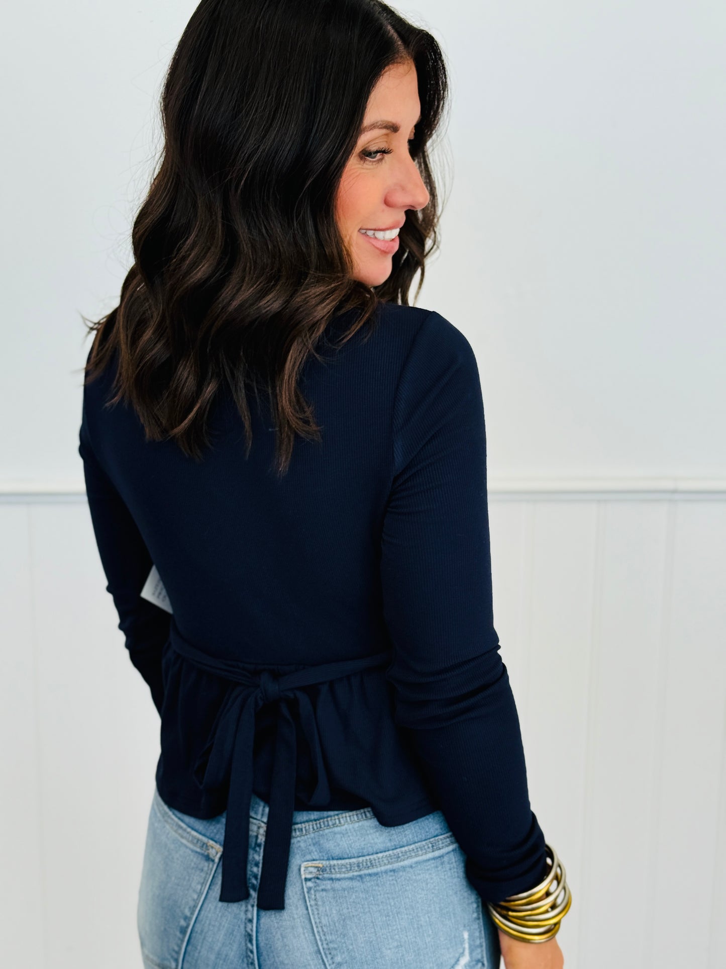 Navy Babydoll Tie Back  Blouse (Reg.)